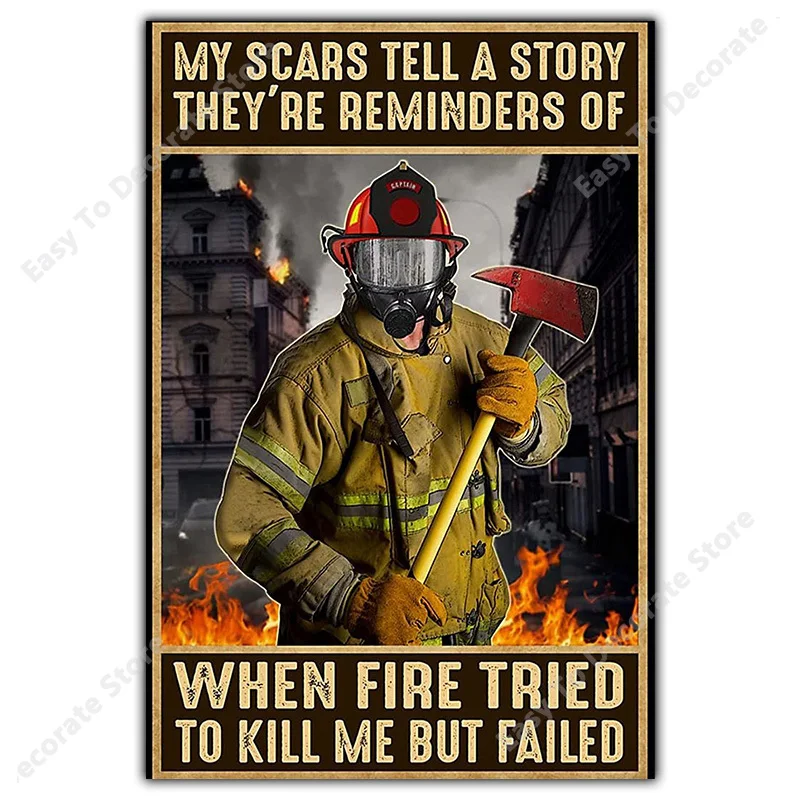 Реколта изкуство пожарникар платно живопис пропаганда лозунг пожар герой стена изкуство пожарникар плакат хол у дома метал калай знак
