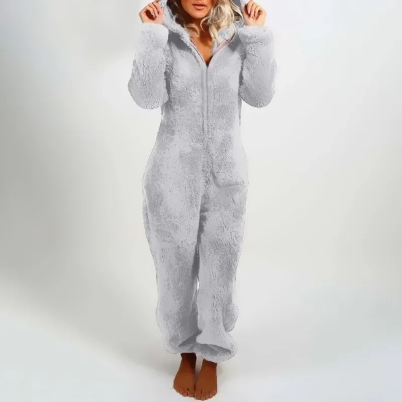 2023 Зимен плюшен удебелен плюшен гащеризон с качулка спално облекло жени с цип дълъг ръкав поддържа топла пижама Домашно облекло Onesies S-5XL