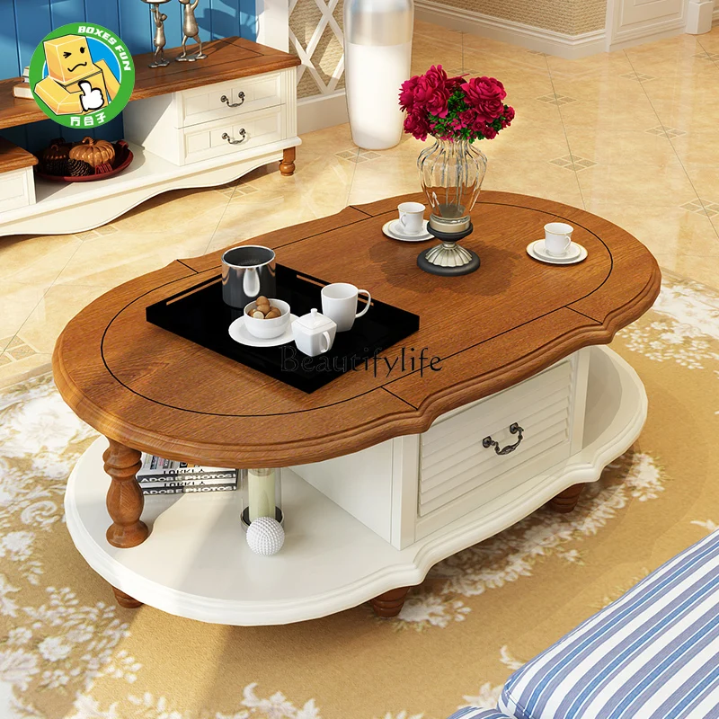 American Country масивна дървена кръгла масичка за кафе Средиземноморски малък апартамент хол две чекмеджета чай маса мебели