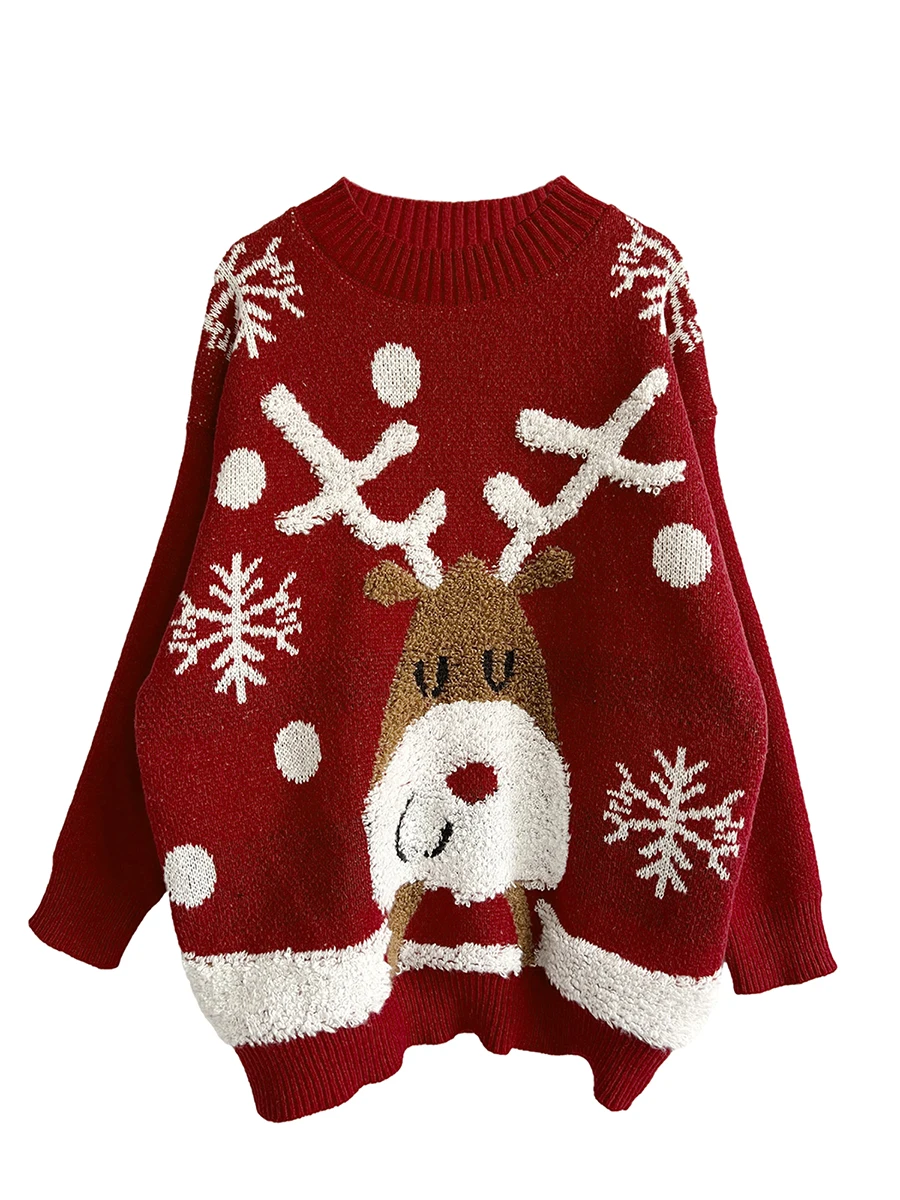 Дамски есен зима плета пуловер дълъг ръкав Crewneck лосове снежен човек печат трикотаж