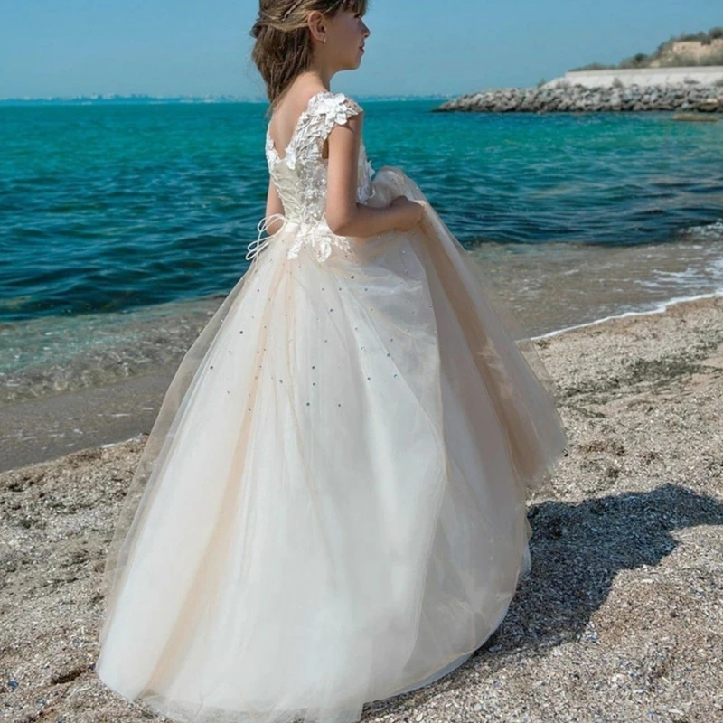 Елегантна тюл пухкава апликация цвете момиче рокли за сватба без ръкави пайети принцеса дете рожден ден Светото причастие рокли