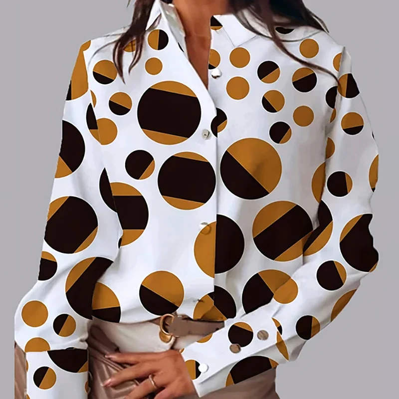Случайни прости точки отпечатани жени блузи есен зима завой надолу яка дълъг ръкав еднореден офис дами хлабав ризи