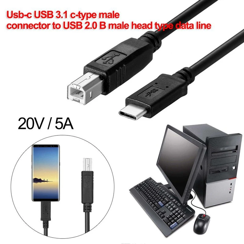 2X USB-C USB 3.1 Тип C мъжки към USB2.0 USB B мъжки кабел за данни за твърд диск за лаптоп принтер 1M