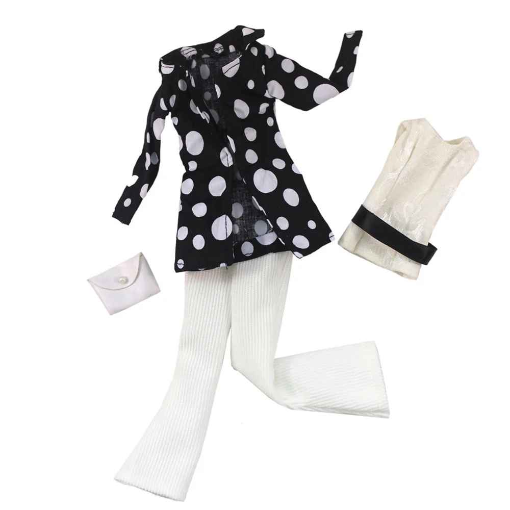 NK 1 комплект принцеса черни петна модно палто тънък бял панталон висок клас дрехи чанти обувки за кукла Барби аксесоари подарък играчка