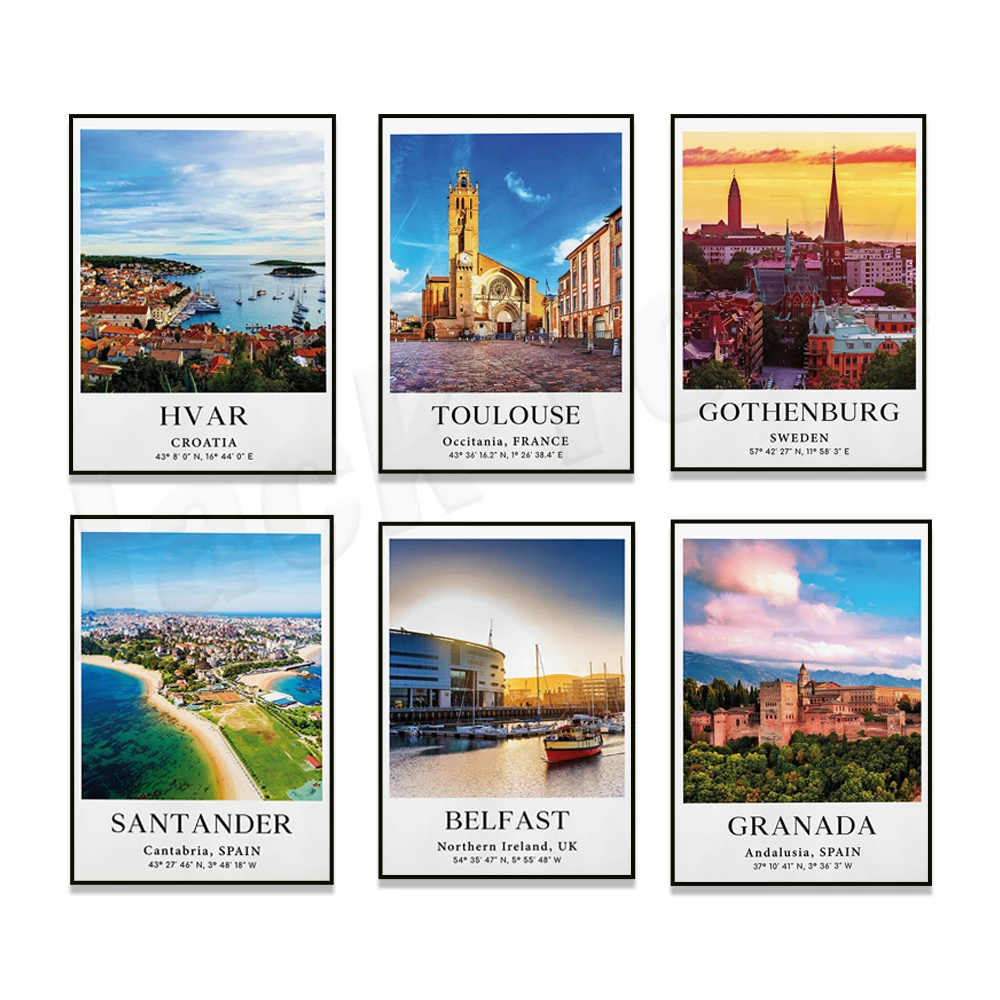 Плакати на Белфаст Ирландия, Гранада Испания, Тулуза Франция, Сардиния Италия, Сицилия, Гьотеборг Швеция, Хвар Хърватия, Европа