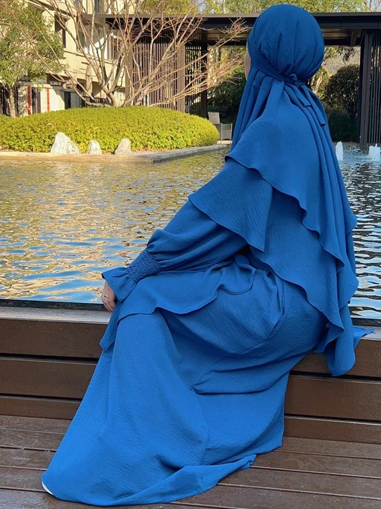 Рамадан Ейд с качулка Abaya Дълга химарска хиджаб рокля Jilbab 2 части комплект креп мюсюлманско молитвено облекло за жени ислямски никаб бурка