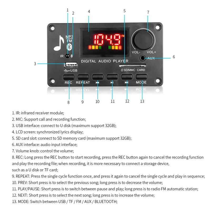 Цветен екран MP3 плейър декодер борда 2X40W усилвател запис на повикване BT кола FM радио модул подкрепа TF USB AUX 3.5 WAV