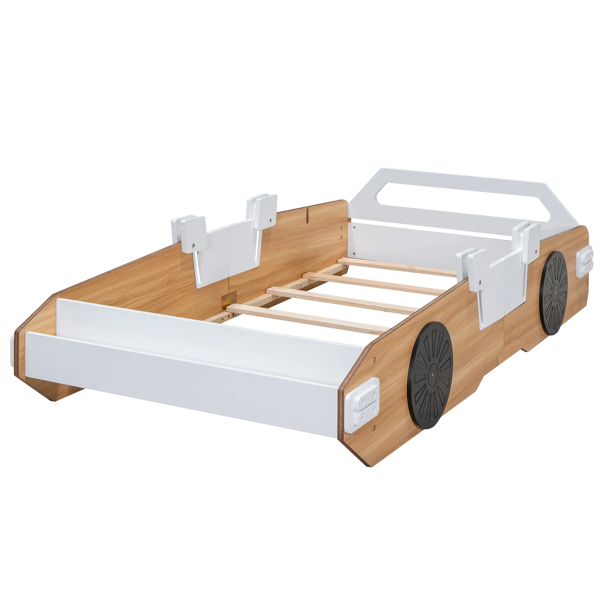 Wood Twin Size Racing Car Bed with Door Design and Storage, Natural+White+Black