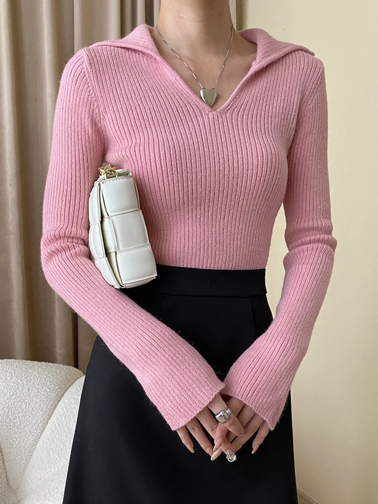 Каки плетене тънък случаен пуловер тънък годни ревера дълъг ръкав жени пуловери нова мода прилив пролет есен O724