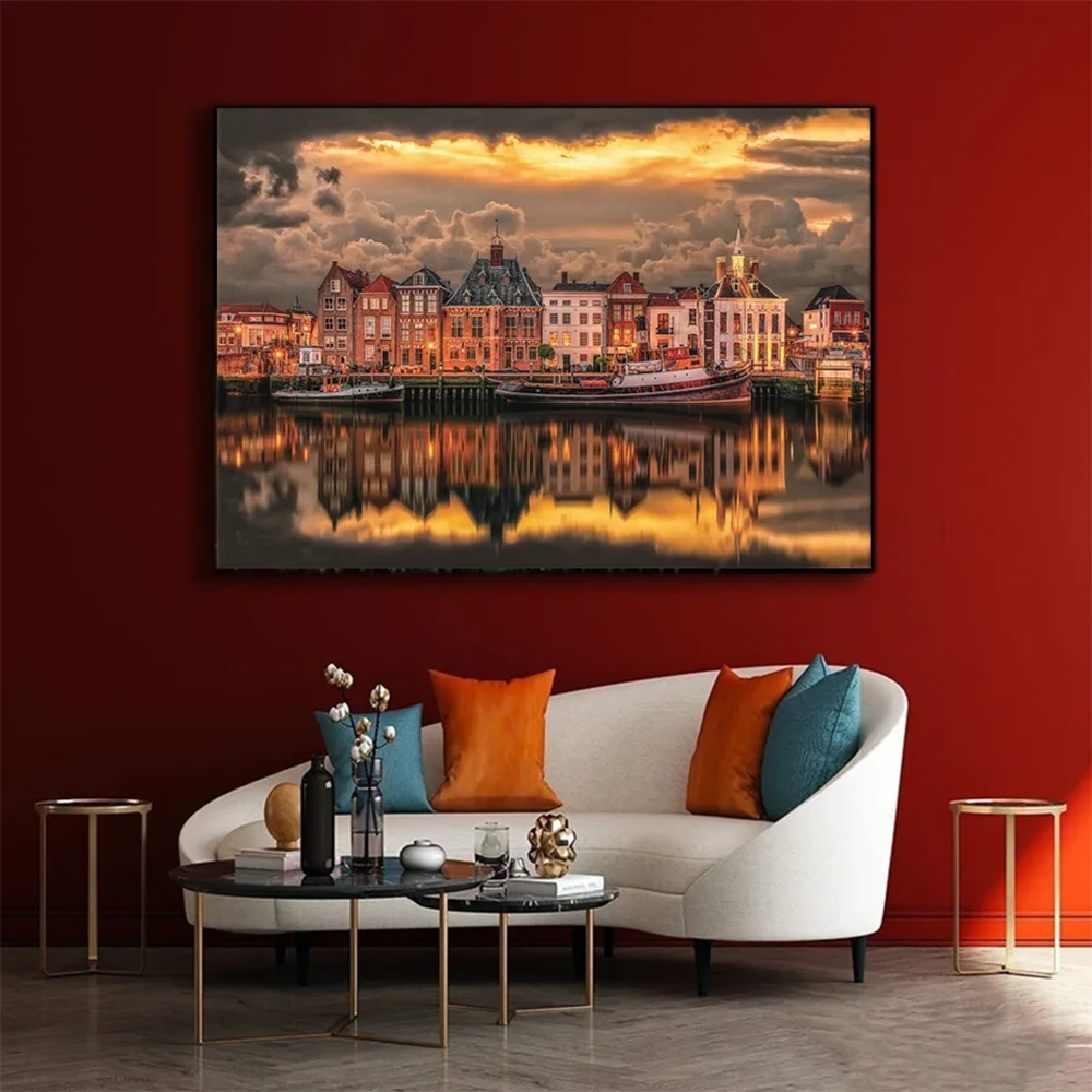 Красив град платно живопис печат Холандия архитектурен стил стена изкуство модерни градове лодка за хол декорация подаръци