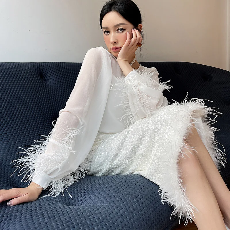 Модерен бял пайети тънък годни обвивка прав средна дължина пола 2023 пролет есен пътуване стил пайети пола