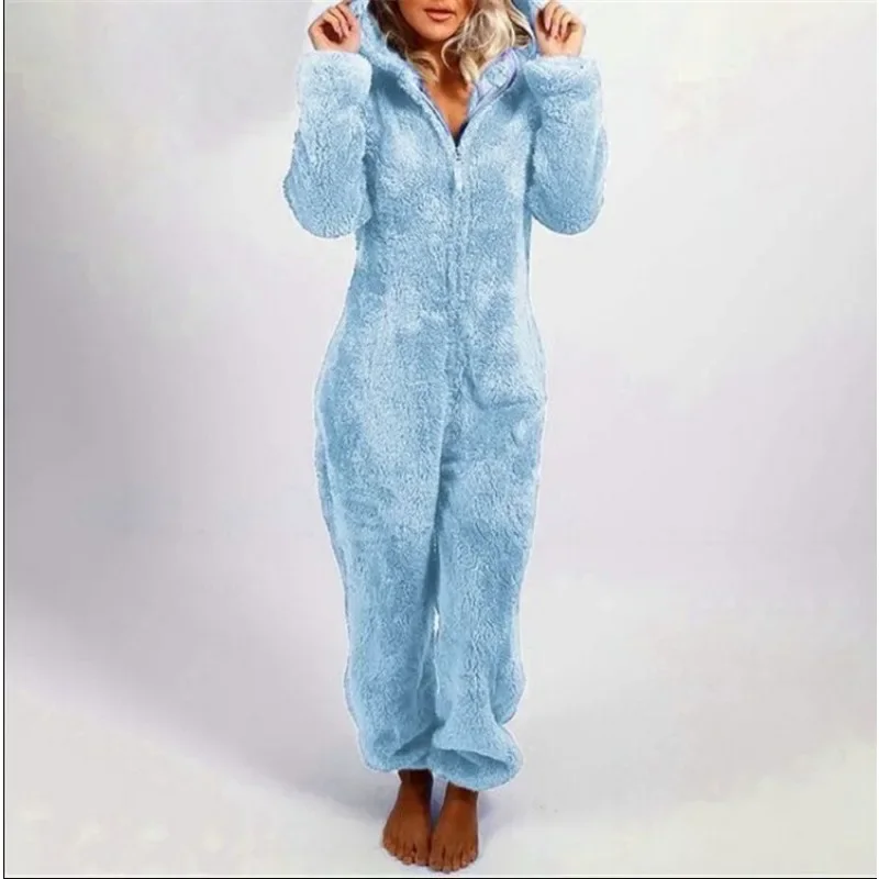 2023 Зимен плюшен удебелен плюшен гащеризон с качулка спално облекло жени с цип дълъг ръкав поддържа топла пижама Домашно облекло Onesies S-5XL