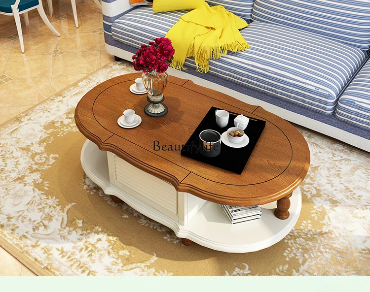 American Country масивна дървена кръгла масичка за кафе Средиземноморски малък апартамент хол две чекмеджета чай маса мебели