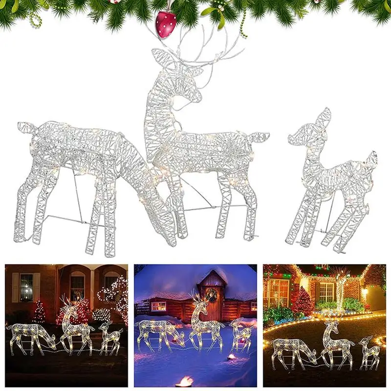 Iron Art Elk Deer Christmas Garden Decoration With LED Light Glowing Glitter Reindeer Xmas Yard Ornament Home Decor Supplies