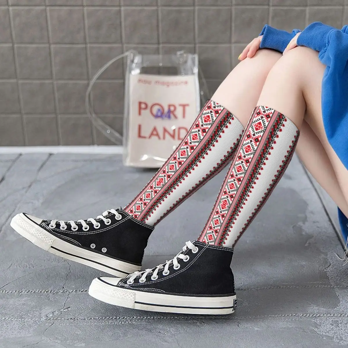 Персонализирани жени Украйна Vyshyvanka бродерия чорапи 3D печат бохемски геометрични коляното високо тръба чорапи