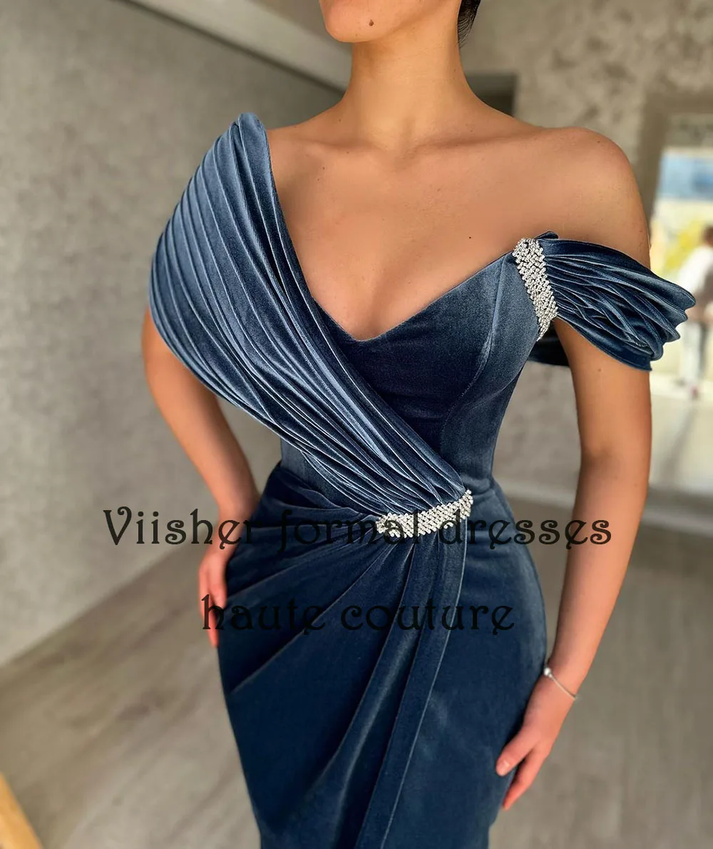 Синьо кадифе русалка абитуриентски рокли плисета от рамото V врата жените вечерно парти рокля етаж дължина официален повод рокли