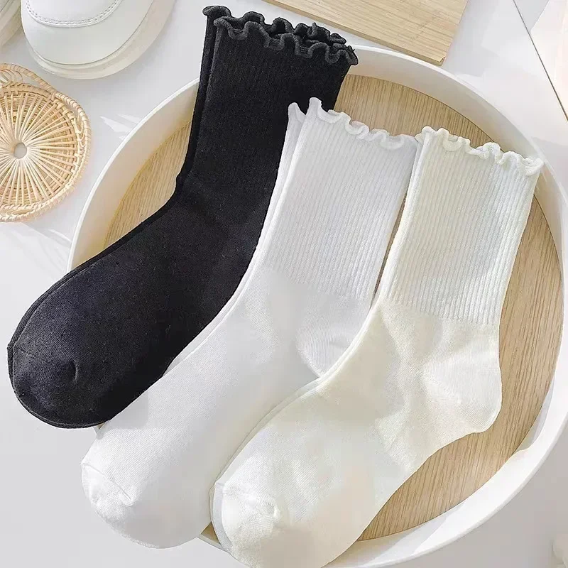 Kawaii Ruffle чорапи за жени плътен цвят сладък сладък Jk Lolita купчина чорапи пролет есен памук мека дишаща средна тръба чорап