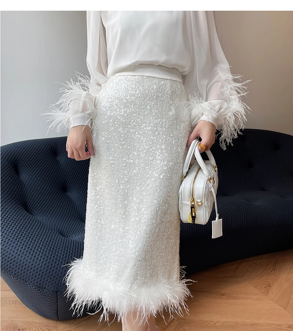 Модерен бял пайети тънък годни обвивка прав средна дължина пола 2023 пролет есен пътуване стил пайети пола