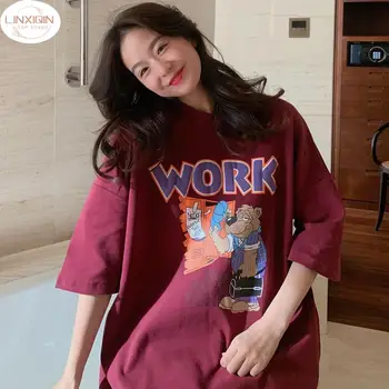 LINXIQIN 2024 Нови летни жени тениска с къс ръкав студент корейски стил мазнини увеличаване хлабав Топ T ризи