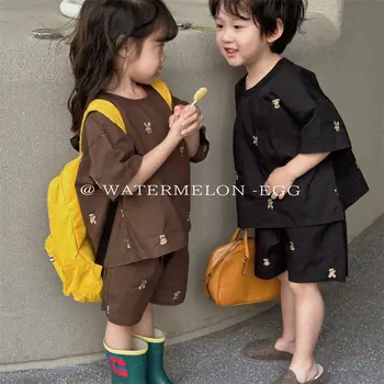 2024 Карикатура мечка бродирани летни детски комплекти Корея стил бебе момиче дрехи момчета комплект тениски Pant 2бр комплект