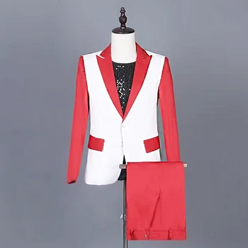 2023 Нов мъжки костюм бизнес мода червено и бяло снаждане обичай 2-парче сватба официална топка концерт тънък яке панталони Homme комплект
