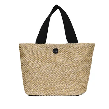 Жените ретро елегантен слама тъкат голям капацитет чанта реколта мода контраст цвят горната дръжка чанта на едро подарък