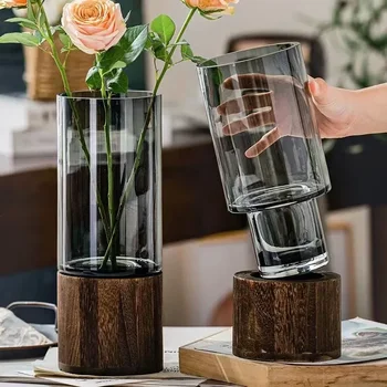 Модерна проста и креативна стъклена вода цветя дървена основа ваза декорация хол маса за хранене цвете подреждане