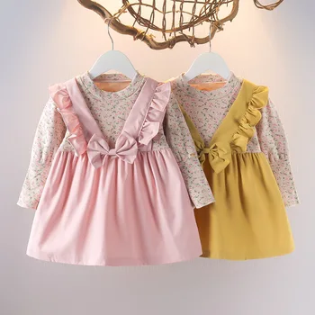 2023 Сладка пролет Есенни момичета Детска принцеса рокля счупено цвете дълъг ръкав изкуствена две парчета деца бебе бебета лък рокли