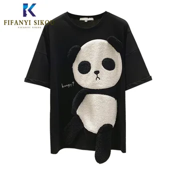 Сладка панда тениска жени лятна мода къс ръкав T риза плюшени бродерия O-образно деколте хлабав тройници корейски случайни върховете женски