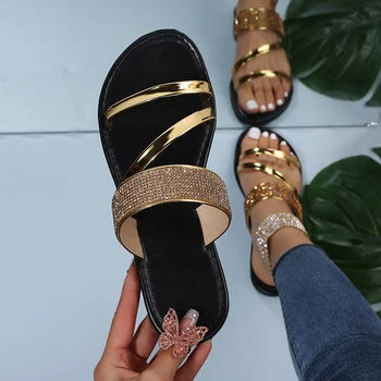 Лято Дамски Rhinestone плоски сандали Open Toe Non-slip на дами слайдове Обувки Ежедневни външни чехли за жени 2023