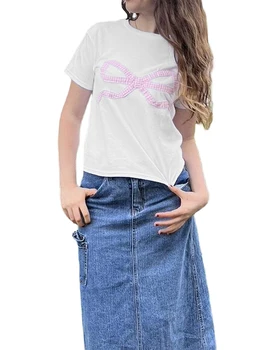 Дамска основна лятна тениска Топ Y2K къс ръкав Crop Top Sexy Crewneck Baby Tee 90s Естетика Улично облекло