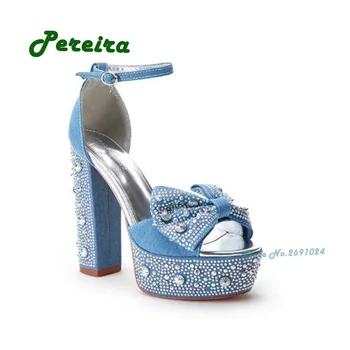 Denim Bejeweled платформа сандали синьо буци токчета кристал ключалката сандали за жени лято отворен пръст възел елегантни парти обувки