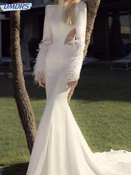 Скромна висока яка дълъг ръкав булката халат секси без гръб булчинска рокля елегантна сатенена пера русалка сватбена рокля роба de mariée