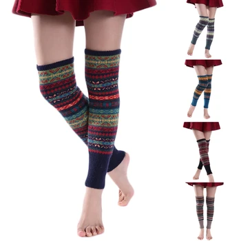 Дамски бохемски плетени дълги крака нагреватели покриват флуоресцентни цветни райета дебели топли бедра високи чорапи над коляното чорапи ботуши