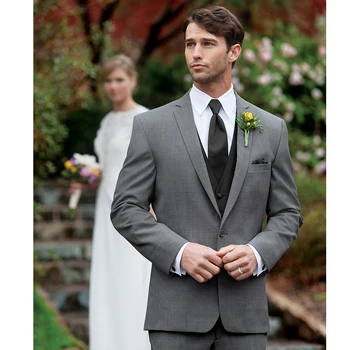 Сватбени костюми за мъже Сив моден прорез ревера еднореден висококачествен памучен лен плътен цвят пълен мъжки костюм 3 части комплект