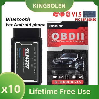 10Pcs/Lot KINGBOLEN ELM327 Bluetooth V1.5 PIC18F25K80 чип OBD2 скенер код четец кола диагностичен инструмент за Android телефон