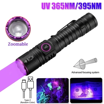  365nm / 395nm UV фенерче Zoom 5W тип C USB акумулаторна лилава горелка Pet котка куче петна урина