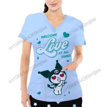 V-образно деколте Графични T ризи Дамско облекло Медицинска сестра Униформа Едно парче Disney 2000s върхове Y2k стил джобни летни дрехи за жени Yk2