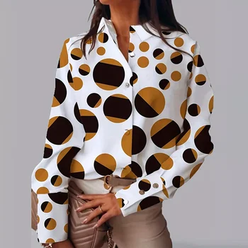 Случайни прости точки отпечатани жени блузи есен зима завой надолу яка дълъг ръкав еднореден офис дами хлабав ризи