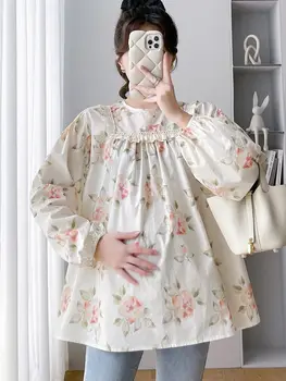 Ruffles пачуърк майчинство флорални блузи сладък дълъг ръкав O-образно деколте моден печат бременна жена ризи бременност Топ дрехи
