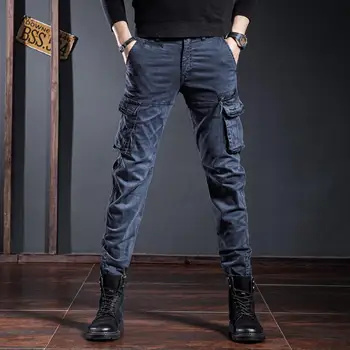 Висококачествен гащеризон мъжки дънки тънко годни модерна марка младежки панталони свободно прилепнали мъжки ежедневни панталони с няколко джоба