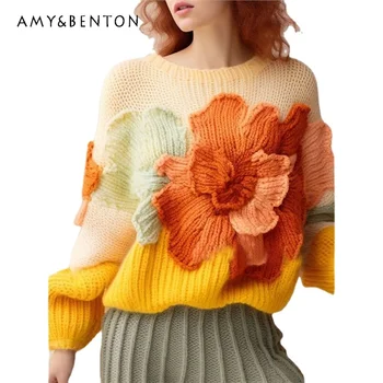 2023 Есен Зима Ново есенно облекло Намаляване на възрастта Цвят на бонбони Жълт плетени пуловери палто Елегантен висококачествен пуловер женски