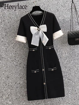 Дамски летни плетени рокли с къс ръкав за жени Френски реколта аромат лък v-образно деколте черно плетене рокли женски Vestidos