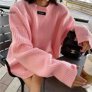Дамски розов случаен плетен пуловер пуловер есен зимна мода жълт извънгабаритен дебел дълъг хараджуку джъмпери офис дама