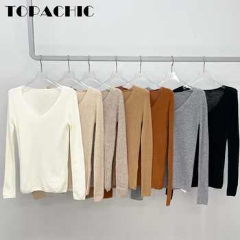 12.4 TOPACHIC Дамска мода класически тънък плетен пуловер пуловер v-образно деколте плътен цвят тънък удобен трикотаж отгоре