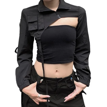 жени Y2K Поло Crop върховете свиване рамене нередовни яке кратко палто момиче случайни цип нагоре силует дълъг ръкав блуза риза улично облекло