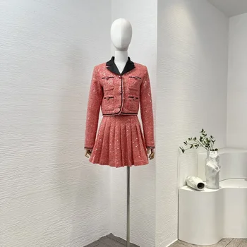 2024 Най-новата колекция Розови джобове с дълъг ръкав Яке върхове и Ruched плисе високо качество жени мини пола комплект
