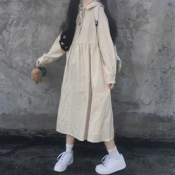 Японки момиче сладка рокля A-line кукла яка дълъг ръкав висока талия рокли пролет kawaii момиче Ulzzang женски корейски облекло