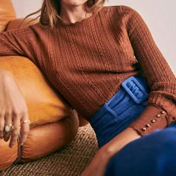 Кръгло деколте модерен обрат вълна ръб жакард дълъг ръкав трикотажни дъното пуловер за жени