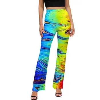 Rainbow мраморни панталони цветен печат секси тренировка разкроени панталони пролетта женски потребителски streetwear тънък панталони
